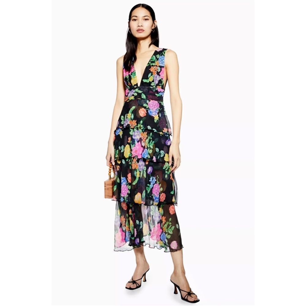Nwt Topshop Frieda Tiered Black Floral Print Crepe Plunge Pinafore Midi Dress, 6